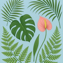 Naklejka premium Fresh Exotic Jungle Background Menu Border Made of Tropical Leaves & Flowers. Watercolor For Summer Vibes Greeting Cards Posters Banners Placards Cafe Coffee Shop Hawaii Bar Restaurant