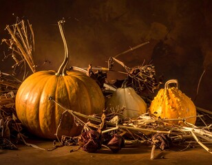 Autumnal Still Life - Pumpkins and Gourds in Warm Light.
