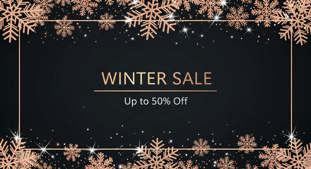 Black background with rose gold snowflake border, gold frame. Represents winter sale, promotion, holiday season, and festive atmosphere with elegance