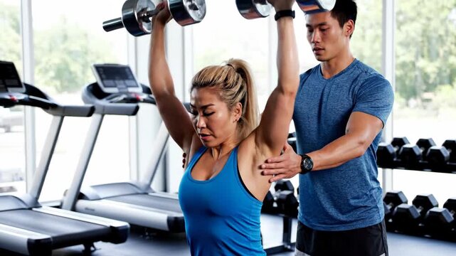 Woman in gym lifting dumbbells with trainer assisting. An encouraging medium shot showcasing strength and determination. Fitness goals, personal training, wellness motivation.