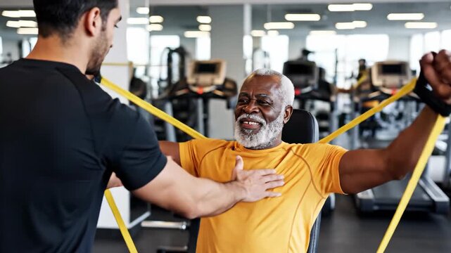 Senior man exercising with resistance band, assisted by personal trainer in gym. A motivating wide shot conveying fitness and wellness. Healthy lifestyle, supported exercise, senior motivation.