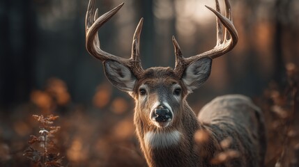 Obraz premium Majestic buck with large antlers standing alert in autumn forest with golden light 