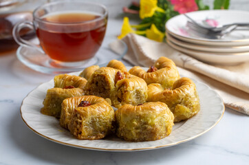 The traditional Turkish dessert called Bulbul Yuvası, special baklava with walnuts inside and Sherbet dessert with pistachio powder on top, Turkish name 'Bulbul Yuvası'