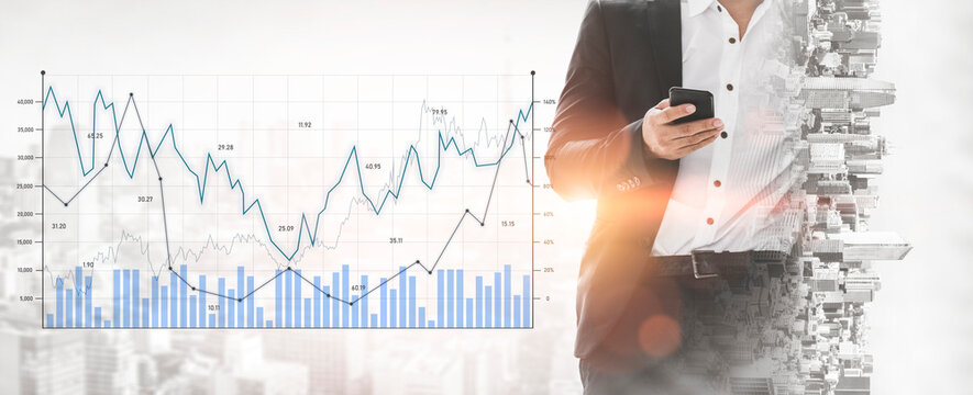 A businessman in a suit uses a smartphone against a backdrop of a financial graph. This image captures the essence of modern finance, analysis, and urban business environments. Scalp