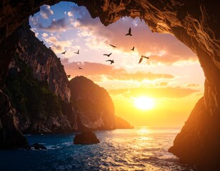 Sunset Through Cave Opening with Birds Flying Over the Ocean.
