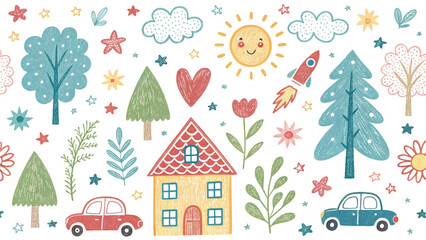 Playful seamless vector pattern with hand-drawn house, trees, flowers, sun, and rocket. Ideal for kids’ wallpaper, textile design, or creative background art.