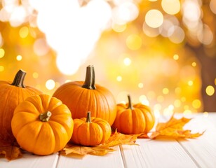 Autumnal Pumpkins and Leaves on White Wood with Bokeh Background.