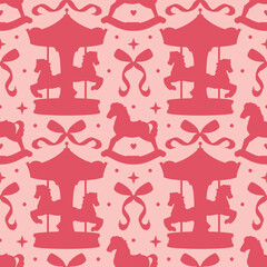 A coquette girly seamless pattern in pink tones featuring silhouettes of princesses bows, carousels, rocking horses. A romantic and playful vector background for feminine designs