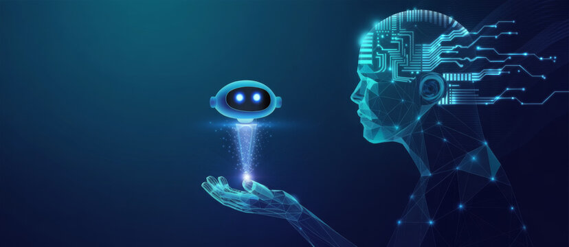 AI assistant in hand digital human head with circuit patterns concept for future technology and artificial intelligence