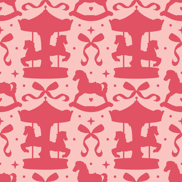 A coquette girly seamless pattern in pink tones featuring silhouettes of princesses bows, carousels, rocking horses. A romantic and playful vector background for feminine designs
