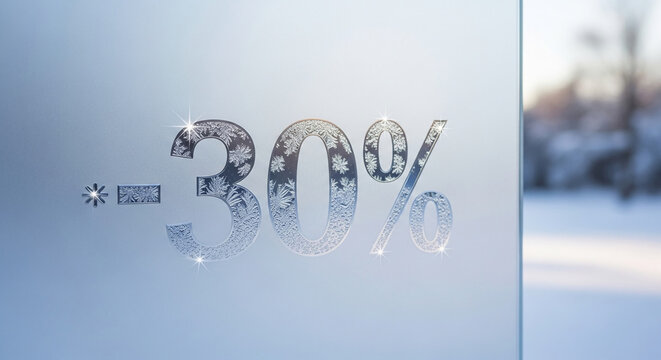 Frosted glass with "-30%" design, showing snowflake pattern. Represents seasonal sale, winter promotion or discount concept, on a cool, clean background - Powered by Adobe