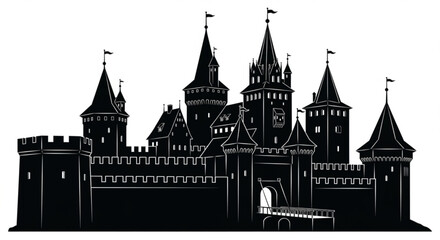 Obraz premium Silhouette of a medieval castle with towers flags and a drawbridge in a black and white illustration created with generated ai