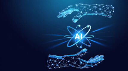Abstract AI technology concept with glowing atom digital hands forming a network for artificial intelligence and machine learning applications