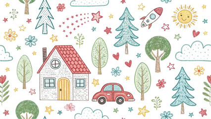 Kids seamless background with hand-drawn house, trees, car, rocket, flowers, and sun. Perfect for baby room design, fabric, wallpaper, and stationery art.