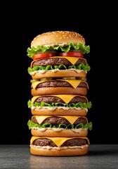 A towering, indulgent cheeseburger featuring multiple savory beef patties, layers of melted cheese, crisp lettuce, tomato, and special sauce ,toasted ,melted ,gourmet