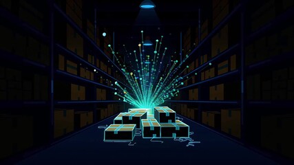 Stacked package inside warehouse aisle with digital network hologram Shipping Industry Logistic Distribution Inventory Storage 2D Illustration - Powered by Adobe