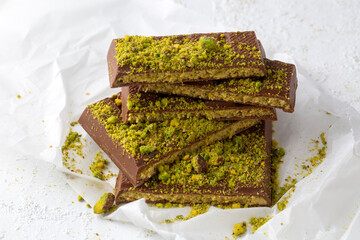 Dubai chocolate, milk chocolate filled with pistachio paste and kunefe