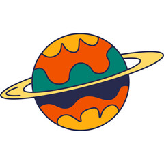 Abstract Planet With Ring and Colorful Wavy Patterns In Orange Teal Dark Blue And Yellow