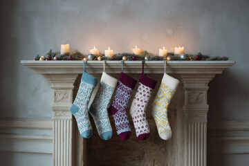 cozy christmas scene featuring festive socks hanging from beautifully decorated fireplace mantel