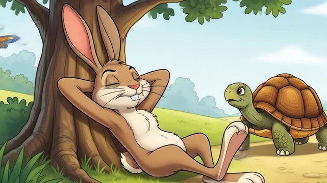The Hare Sleeping in the Grass While the Tortoise Continues the Race , Inspirational Illustration of the Classic Fable About Patience, Discipline, and Consistent Effort Toward Success