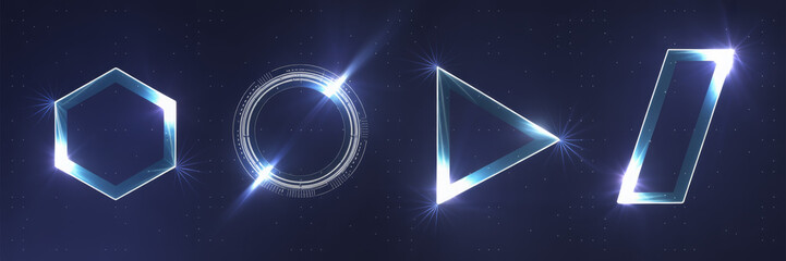 Set of glowing geometric shapes hexagon circle triangle rectangle modern vector design elements for abstract backgrounds