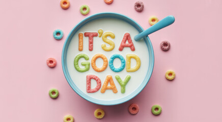 Cereal bowl with colorful letters spelling Its a Good Day a cheerful and positive message for breakfast on a pink background