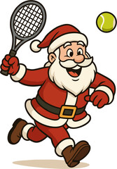 Cartoon Santa Claus in red suit playing tennis, swinging a racket at a ball, cheerful and dynamic holiday illustration