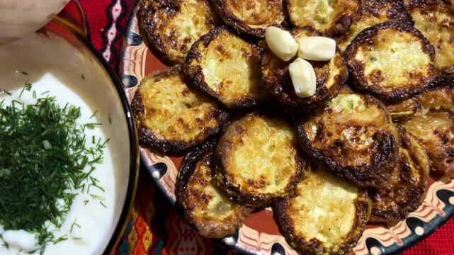 Deep Fried Courgettes Zucchini with Yoghurt Garlic Sauce and Dill, Traditional Balkan Bulgarian Serbian Greek Turkish Food Cuisine