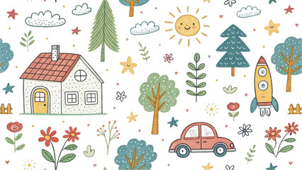 Adorable seamless pattern of hand-drawn house, car, trees, flowers, clouds, and smiling sun. Perfect for children’s products, textile, or wall prints.
