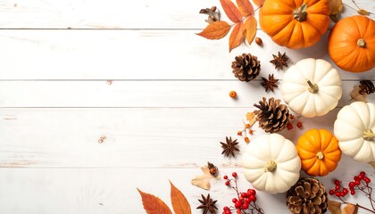Autumn Harvest - Pumpkins, Pine Cones, and Fall Leaves on White Wood.