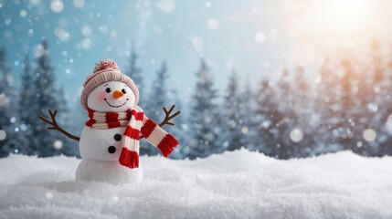A smiling snowman wearing a striped scarf and knitted hat standing in deep snow, with a blurred winter forest and bright sunlight in the background.