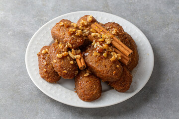 Close-up of homemade greek traditional melomakarona cookies