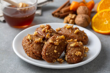 Close-up of homemade greek traditional melomakarona cookies