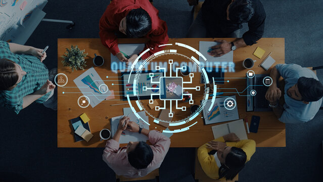 A diverse group of business professionals engaged in collaboration, utilizing digital technology and data visuals to enhance project outcomes in a modern office environment. Trope