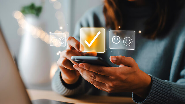 Woman using smartphone to select positive feedback, perfect for customer satisfaction surveys, mobile UX design, and online business growth strategies