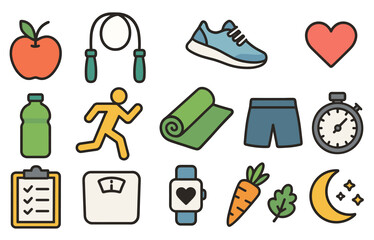 Healthy lifestyle icons: fitness, nutrition, exercise, wellness, balance