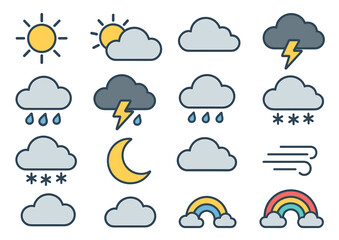 Obraz premium Collection of weather icons: sun, clouds, rain, snow, thunder, moon, wind, rainbow