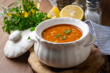 Traditional delicious Turkish soup; Turkish name; Tarhana or Ezogelin corbasi