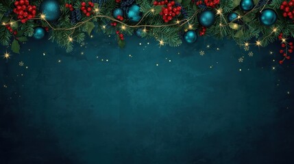 A dark, textured teal background with a top border of fir branches, turquoise baubles, red berries, and string lights.