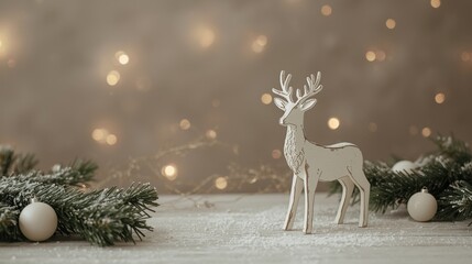 A white and rustic decorative reindeer standing on a snowy surface next to fir branches and white baubles, against a warm, blurred bokeh background.