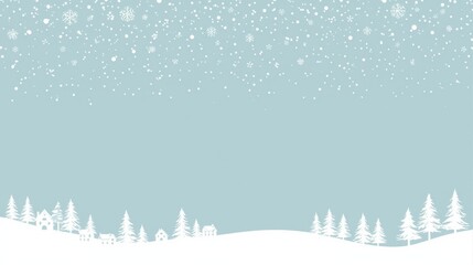 A flat, minimalist winter illustration of falling snow over a pale blue sky, with white silhouettes of rolling hills, pine trees, and small houses below.
