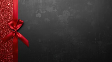 A dark, textured background featuring a vertical strip of red glitter and a satin red ribbon tied in a bow on the left side, leaving ample copy space.