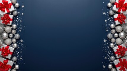 A dark blue background framed on the sides by white gifts with red ribbons, silver baubles, and white confetti or glitter.