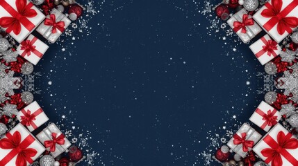 Fototapeta premium A dark blue background framed on the sides by white gifts with red ribbons, silver baubles, and white confetti or glitter.