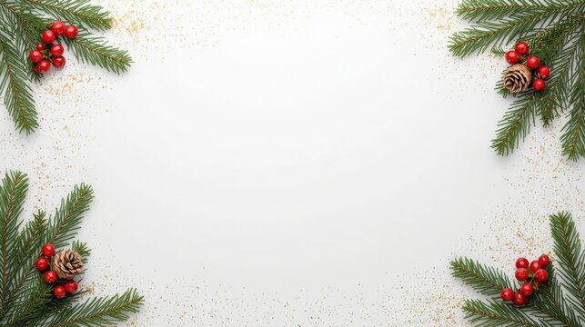 A minimalist white background framed in the four corners by fir branches, red berries, pinecones, and scattered golden glitter.