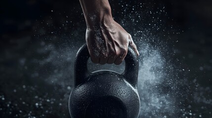 Intense man holding kettlebell in low-angle dynamic shot at gym