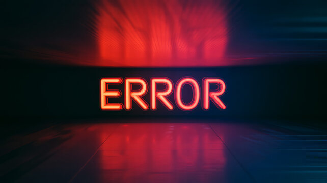 Striking red error neon sign glows ominously in dark space, hinting at system failure or critical alert, perfect for tech blogs, security, and design needs