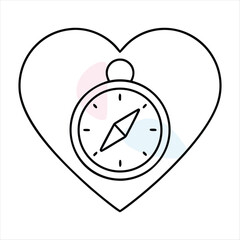 Heart shape with compass inside line art navigation