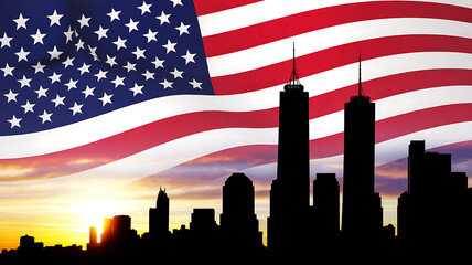 Remembering 9/11 with a dramatic skyline silhouette against the American flag at sunset, a solemn tribute to national pride and unity, honor the fallen