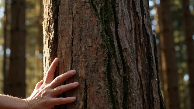 Hand Touching Tree Bark in a Sunlit Forest